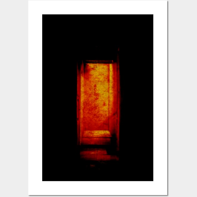 Digital collage, special processing. Room, corridor. Look from darkness to light. Orange and red. Wall Art by 234TeeUser234